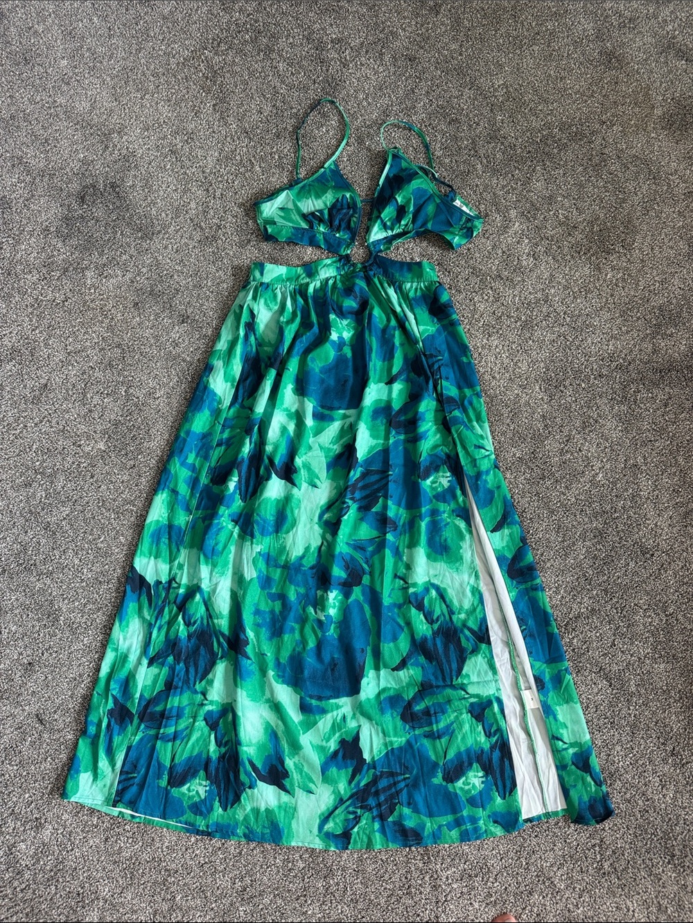 Green & Blue Floral Cutout Maxi Dress tie back, criss cross